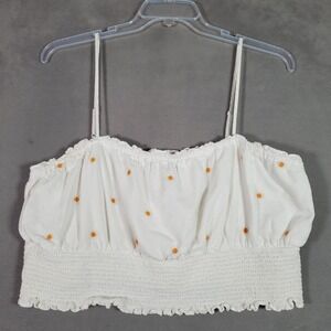 American Eagle Crop Cami‎ Top Womens XXL White Embroidered Daisy Smocked Cottage